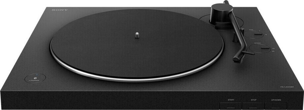 A black Sony turntable is shown from a slightly elevated, front-facing angle against a white background.