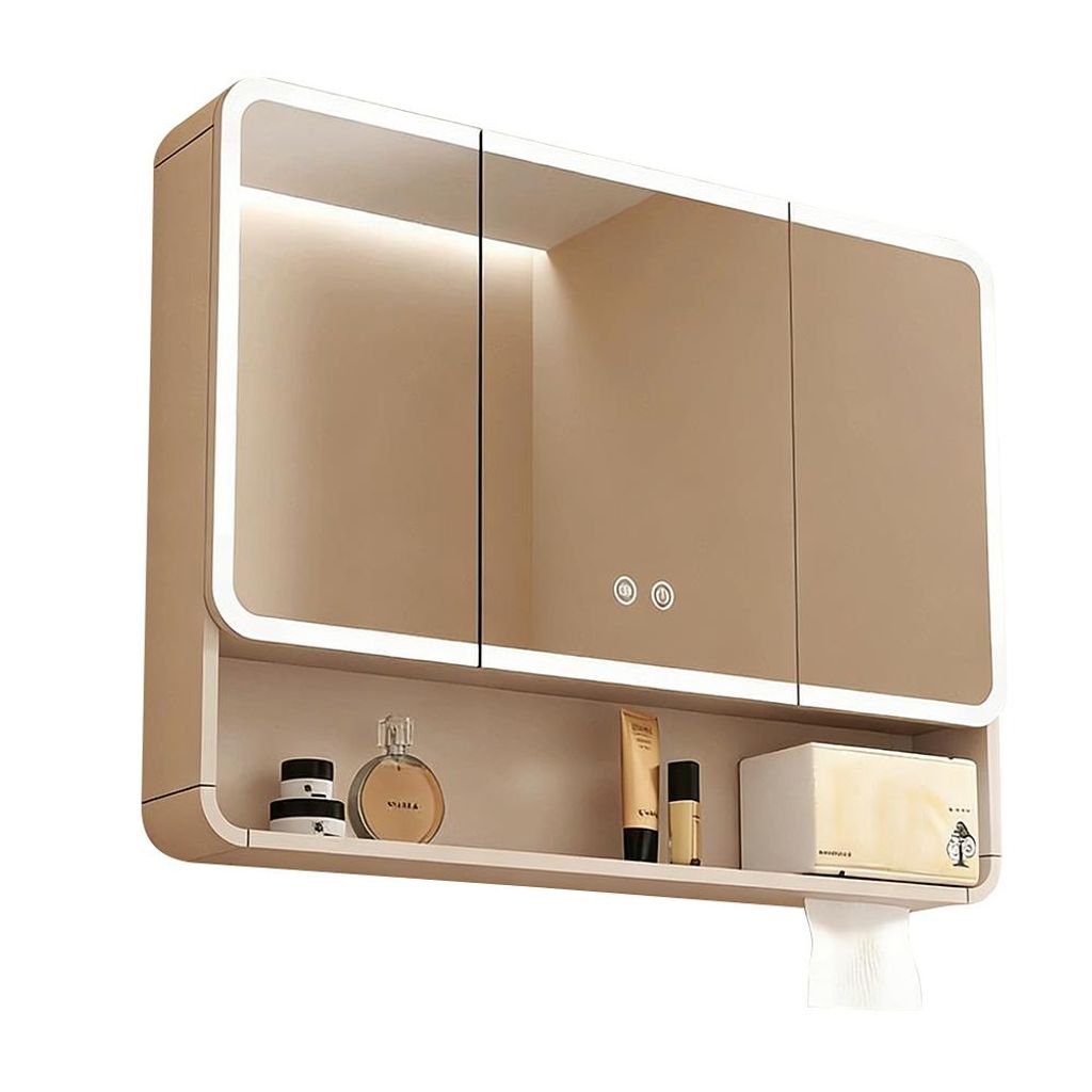 Badezimmer-Spiegelschrank, Spiegelschrank mit LED, Badspiegel mit Schrank, Wandmontierter Spiegelschrank,Beige 100【JG-NW970】