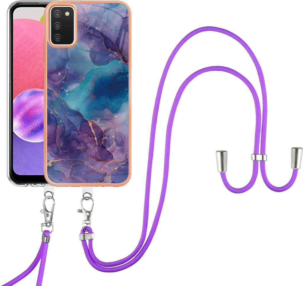 Galaxy A03S Handykette Hülle, Muster TPU Bumper Schutzhülle mit verstellbarem Tragegurt für Samsung Galaxy A03S Lila