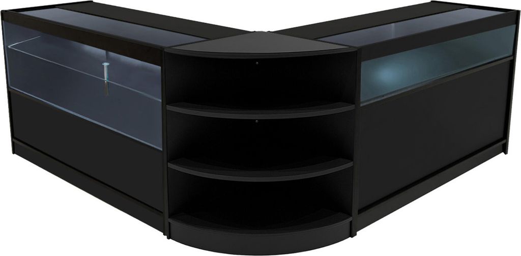 Schwarzes Ladenthekenset Harmonia mit LED-Beleuchtung – B1500, C1500 & LM60 – Abschließbare Schiebetüren mit Schlüsseln – 3 Verkaufseinhei...