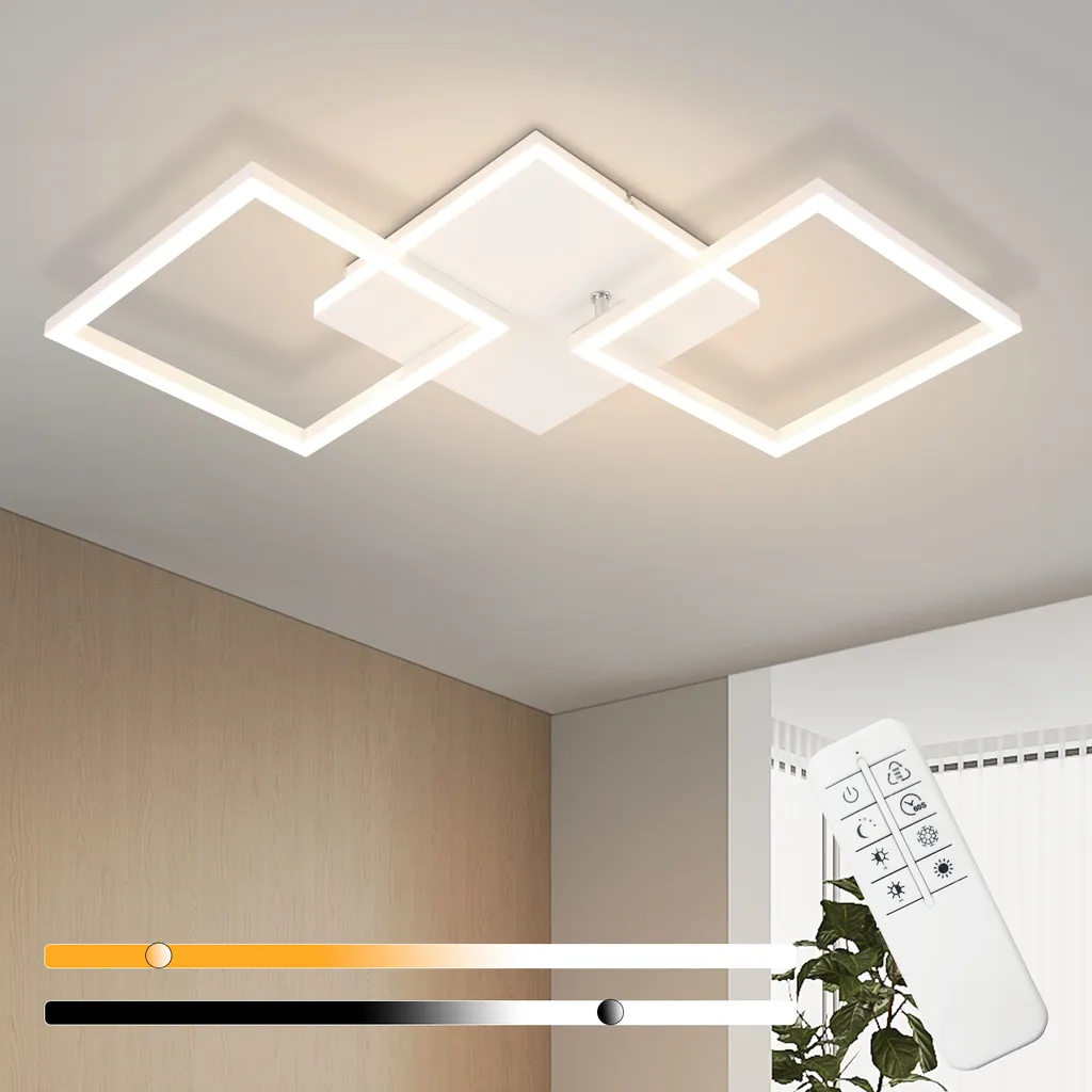 ZMH Plafonnier LED Chambre 32W Dimmable avec Télécommande Design Carré