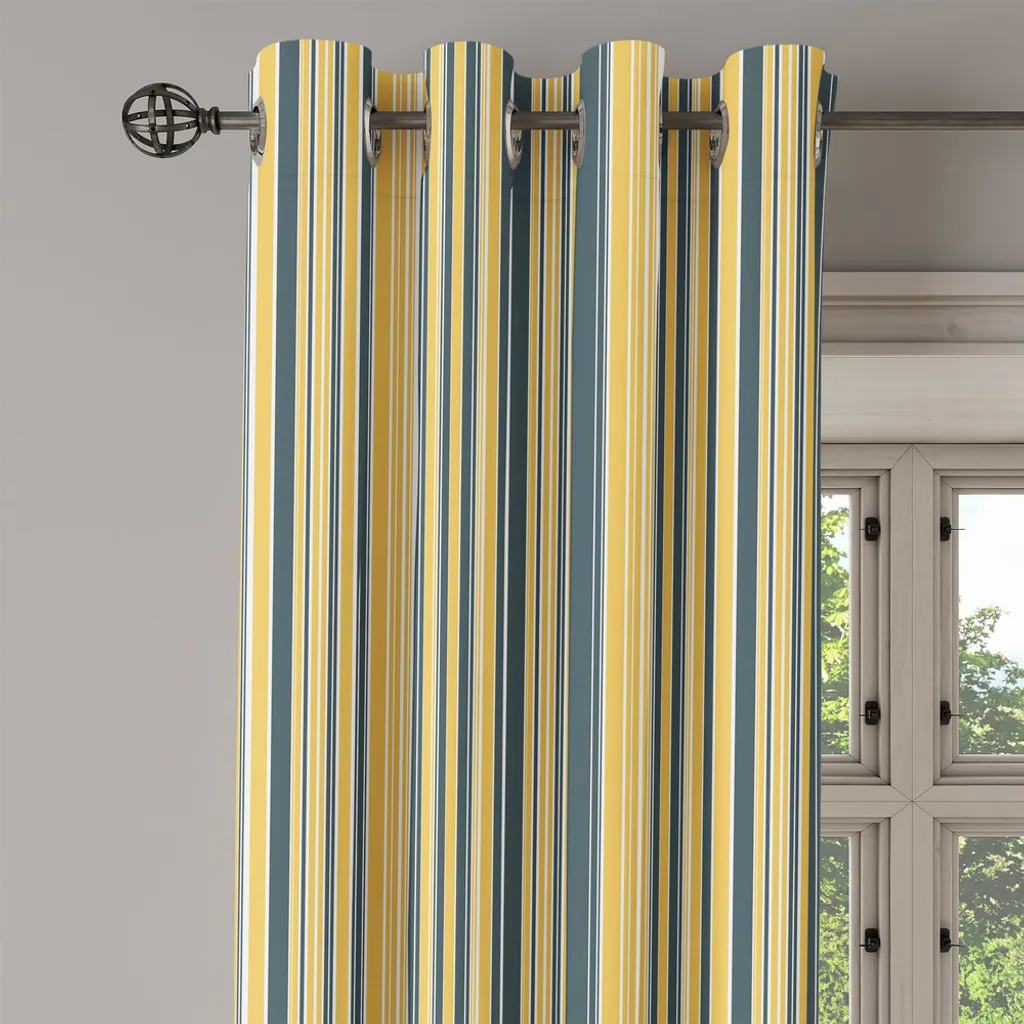 Rideau géométrique lignes verticales bleu et gris à œillets inox
