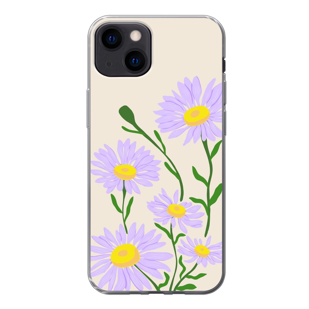 MuchoWow Handyhülle Schutzhülle Hülle für iPhone 13 Blume - Lila - Minimalismus Silikon Softcase Handy Hülle - Karteninhaber - Geburtstag Te...