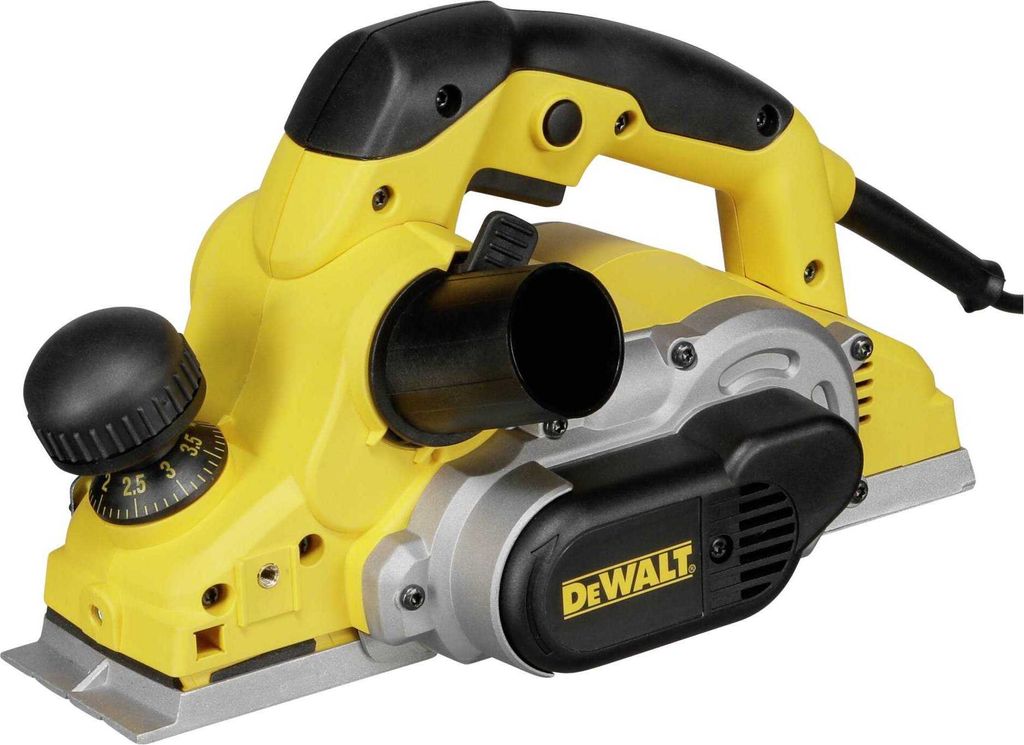 A yellow and black DeWALT electric planer is shown against a white background.