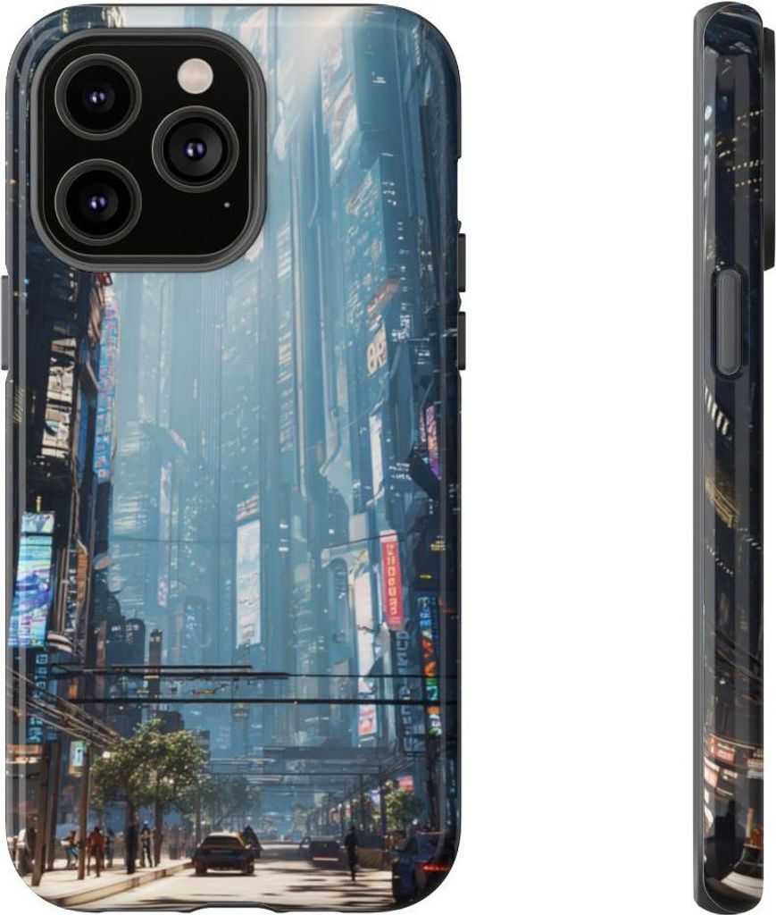 Futuristische Großstadt mit Wolkenkratzern und Verkehr – Hülle Kompatibel mit iPhone 14 Pro Max
