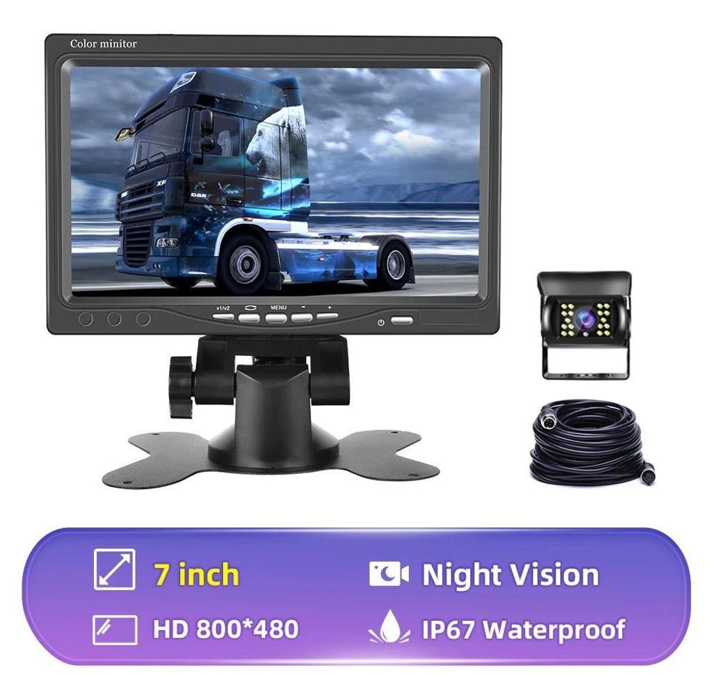 Auto-Monitor mit Rückfahrkamera - 17,8 cm LCD-Farbdisplay - 800x480 HD - Einbau im Armaturenbrett - 1 Kamera - Für LKW/Bus/Van - Schwarz