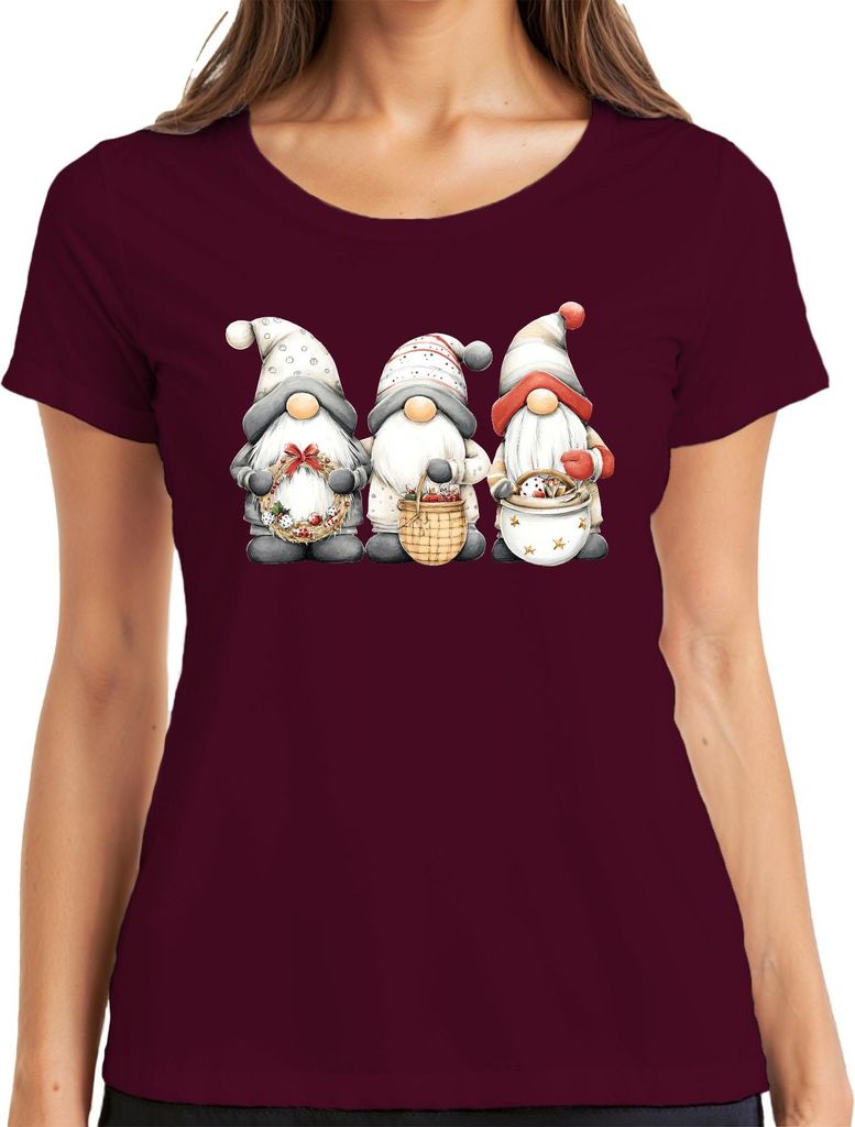 Weihnachtswichtel Gnome Weihnachten Kranz Zipfelhut süß Nordic Damen T-Shirt, Burgundy, L