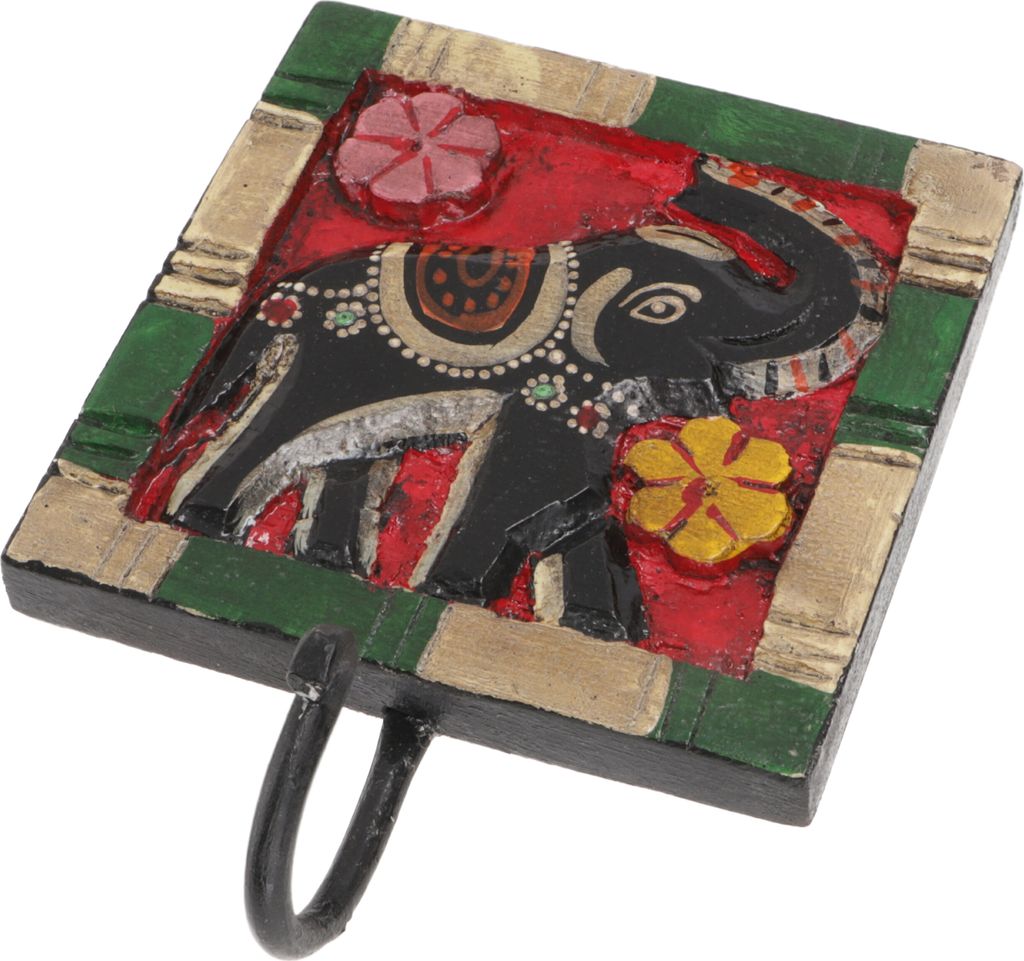 Indischer Wandhaken Elefant, Vintage Kleiderhaken, Schlüsselbrett, Mehrfarbig, Holz,Metall, 12*12*4 cm, Wandhaken aus Holz, Metall & Keramik