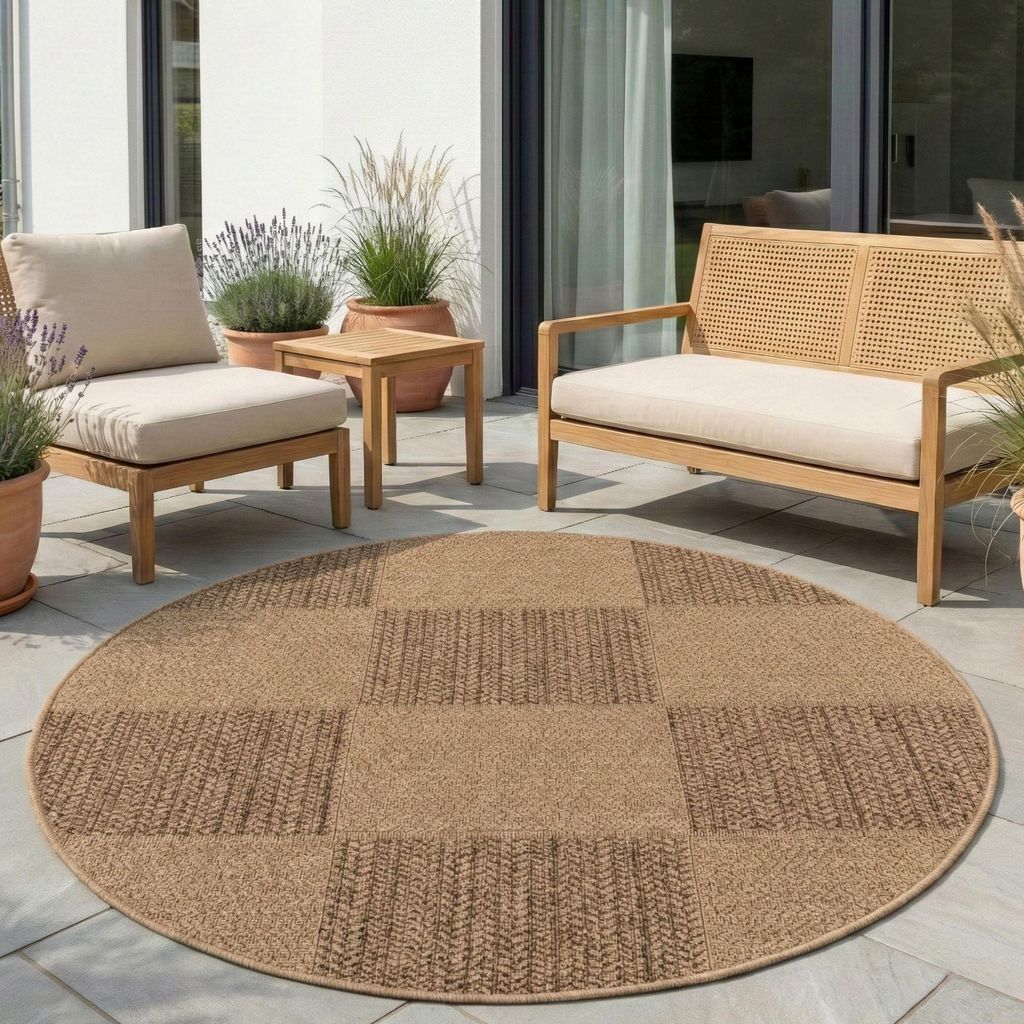 Carpetsale24 In- & Outdoor Teppich Wetterfest im natürlichen Jute-Look, ideal für Wohnzimmer, Küche, Terrasse & Balkon, Grösse: 80 cm Rund