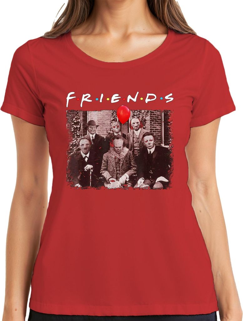 FRIENDS Horror Halloween Slasher Masken Pennywise Jason Freddy Damen T-Shirt, Rot, XXL