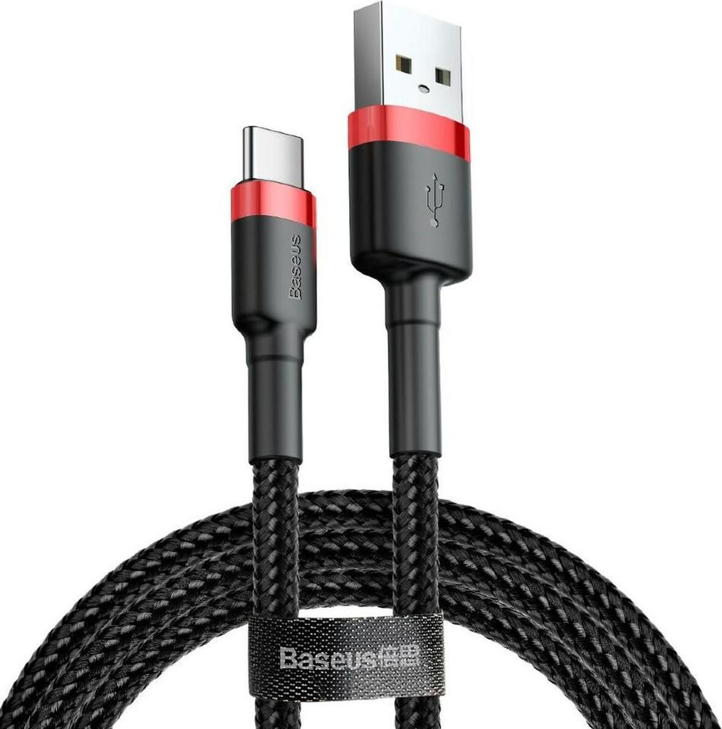 A black and red USB-C charging cable with a braided texture.