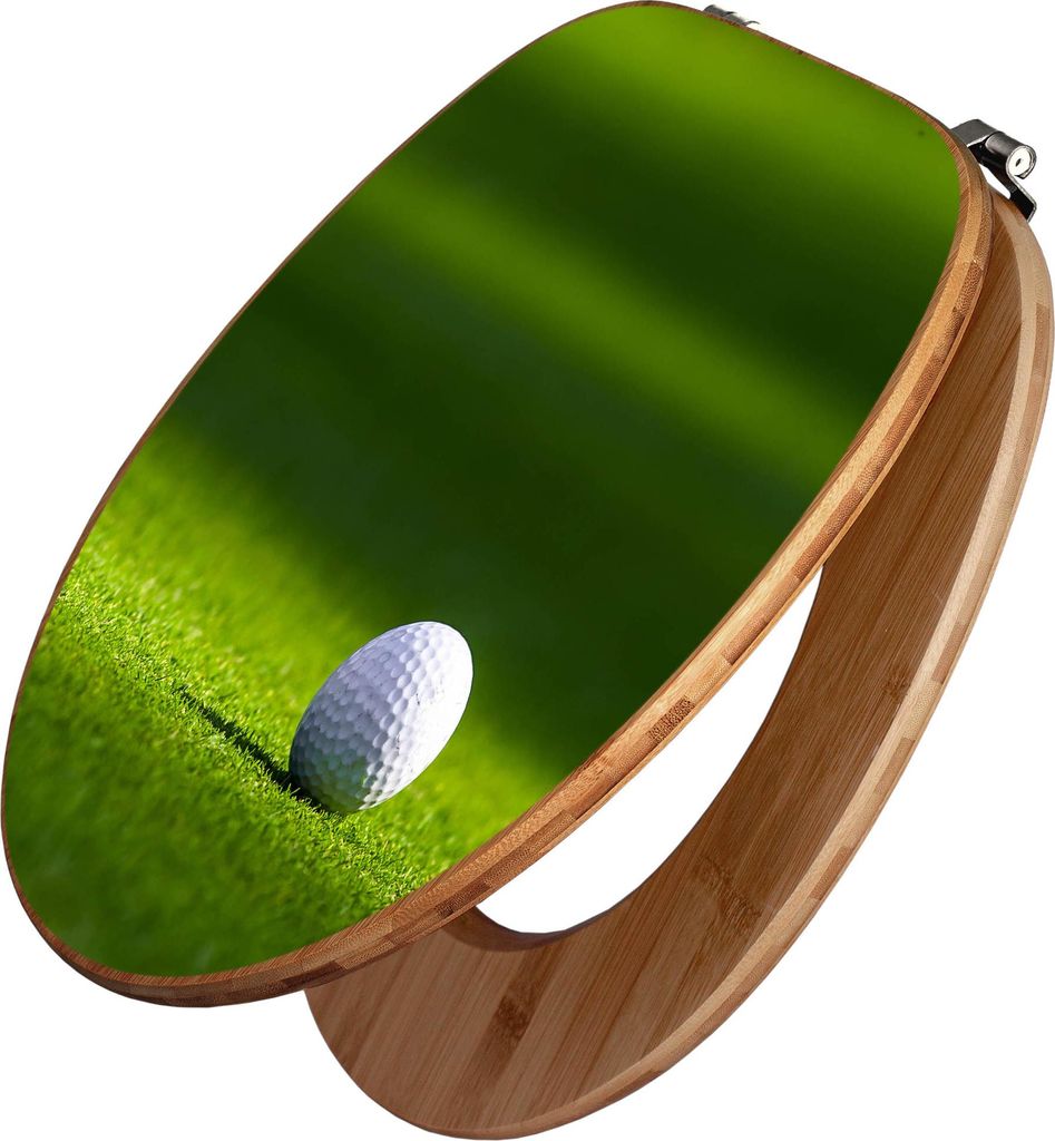 banjado Design WC Sitz Bambus 44x38x5cm - Einsamer Golfball - Toilettendeckel/Toilettensitz Bambus - hochwertiger Bambus Klodeckel/WC-Sitz mit Univ...