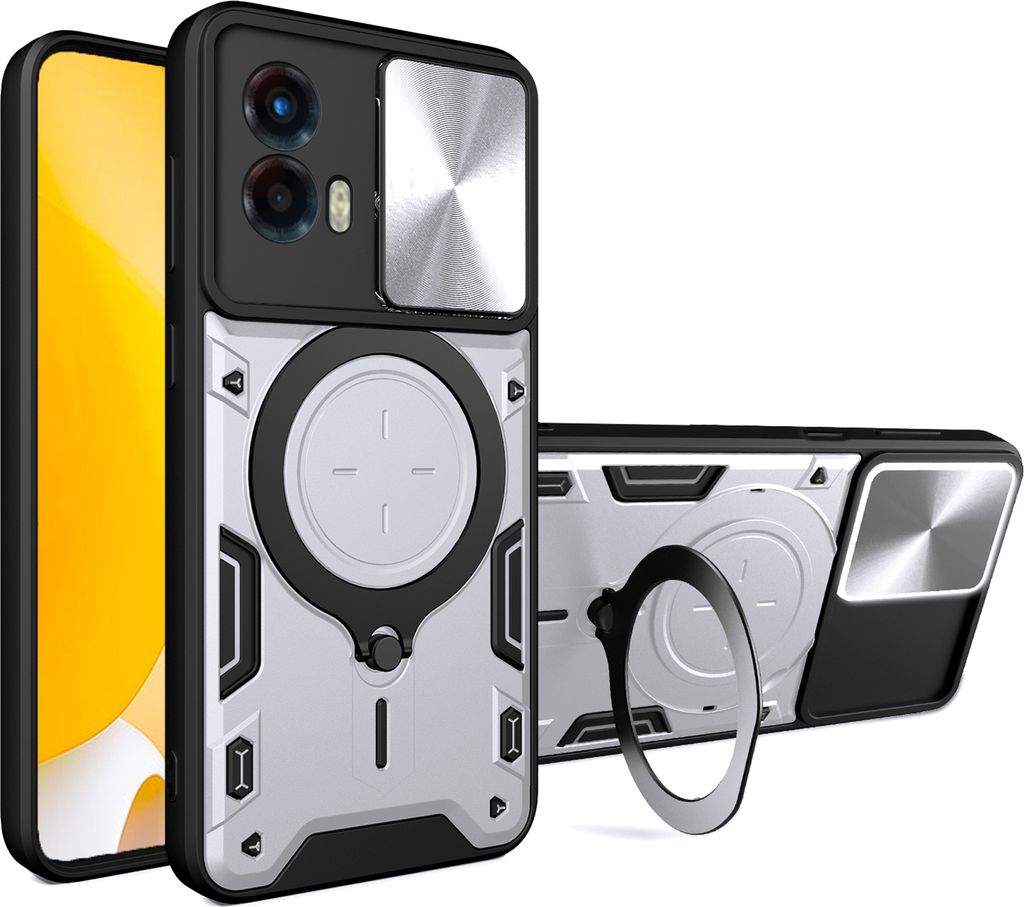Handyhülle für Motorola Moto G 5G 2023 Dual-Layer Stoßfest Rüstung Hülle mit Dia Kameraschutz und Kreisförmig Ring Ständer Silber
