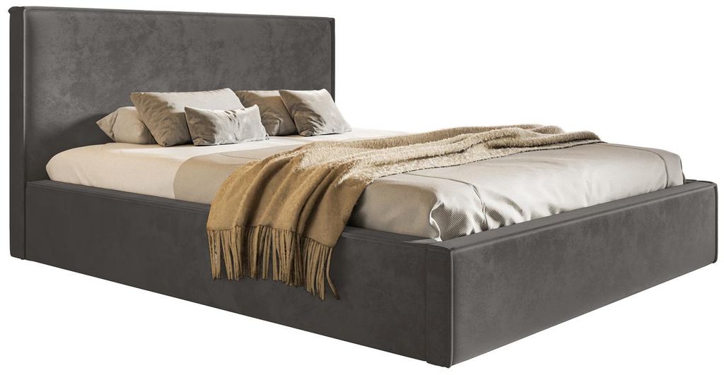 Polsterbett mit Bettkasten 160x200 Kyoto - Metall Lattenrost, Kopfteil - Doppelbett, Samtstoff, Dunkelgrau