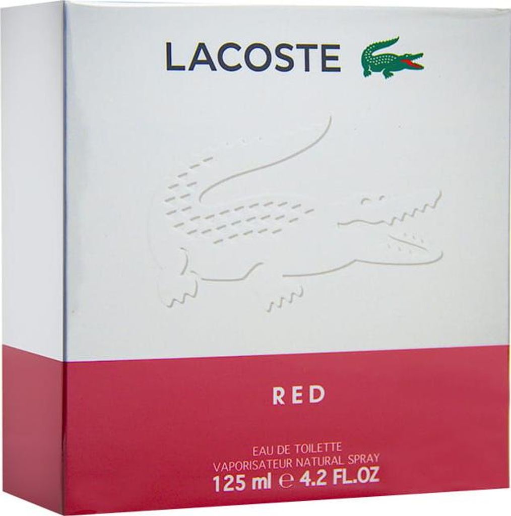 A product box for Lacoste Red eau de Toilette.