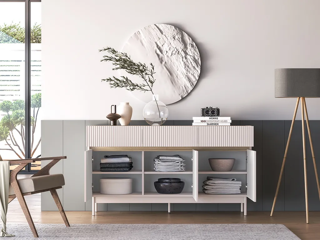 Commode THEA chêne et cachemire : meuble de rangement robuste 120cm