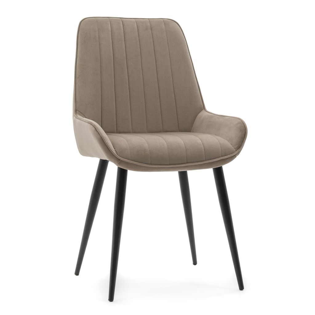 A single, upholstered dining chair with dark beige fabric and black legs, photographed in isolation against a white background.