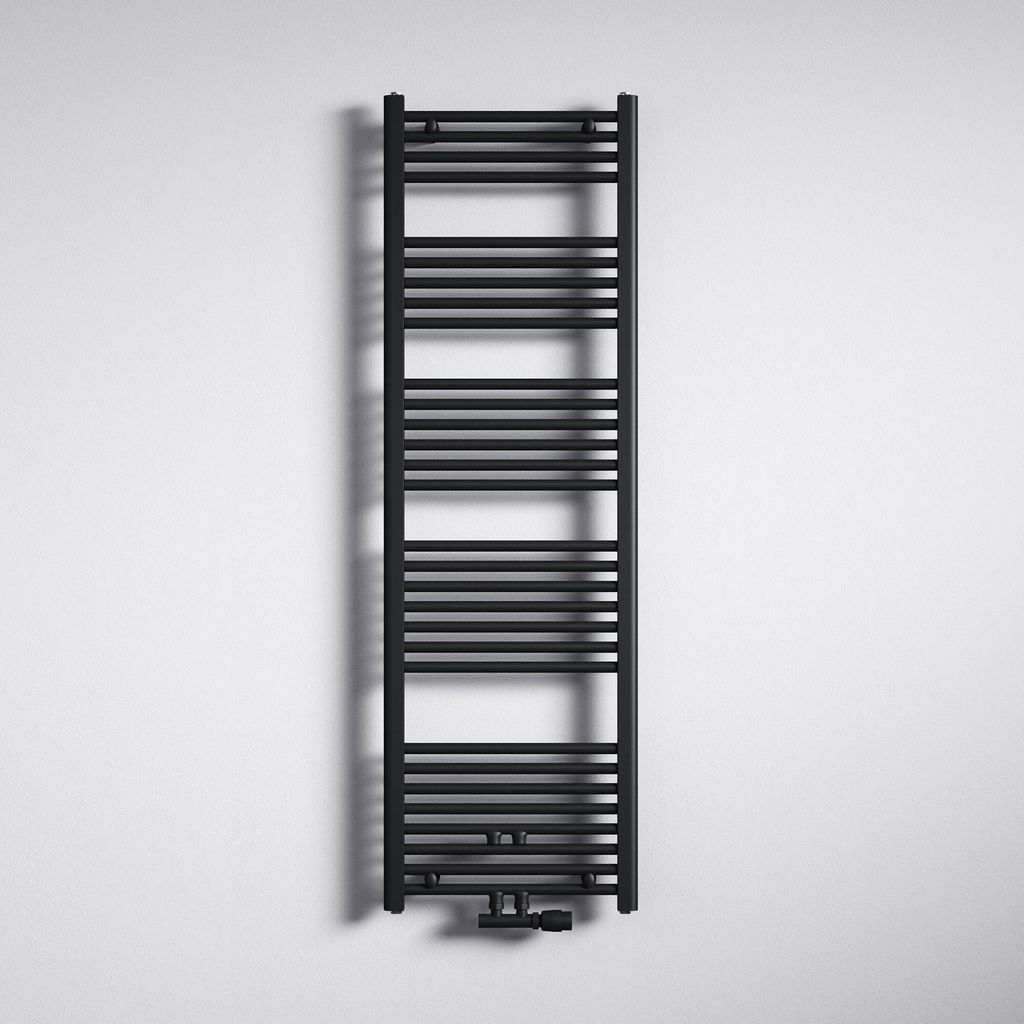 A black towel radiator mounted on a white wall.