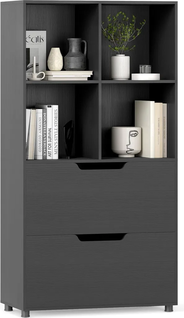 Meuble de rangement 5 niveaux avec étagère cube et tiroirs bois noir