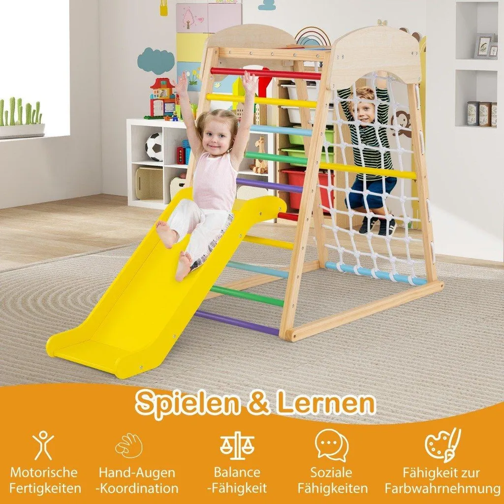 Toboggan et mur d'escalade 6 en 1 : aire de jeux bois multicolore