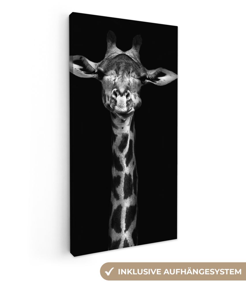 MuchoWow - Leinwandbilder - Giraffe - Porträt - Tiere - Schwarz - Weiß, Wandbild, Wanddeko Bilder Wohnzimmer, 20x40 cm