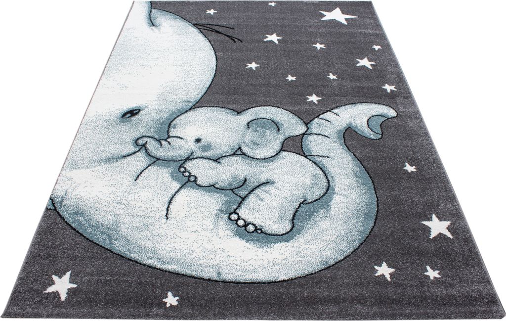 Teppich Läufer Kinderzimmer Blau 80x150 Elefanten-Design aus Polypropylen