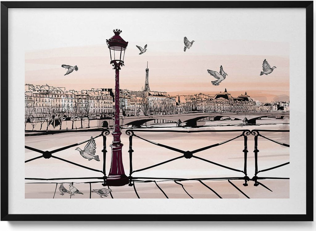 Sonnenuntergang über der Seine– Wandbild mit Rahmen – Gerahmtes Bild – Wanddekoration – 100x70 cm – Schwarz Rahmen