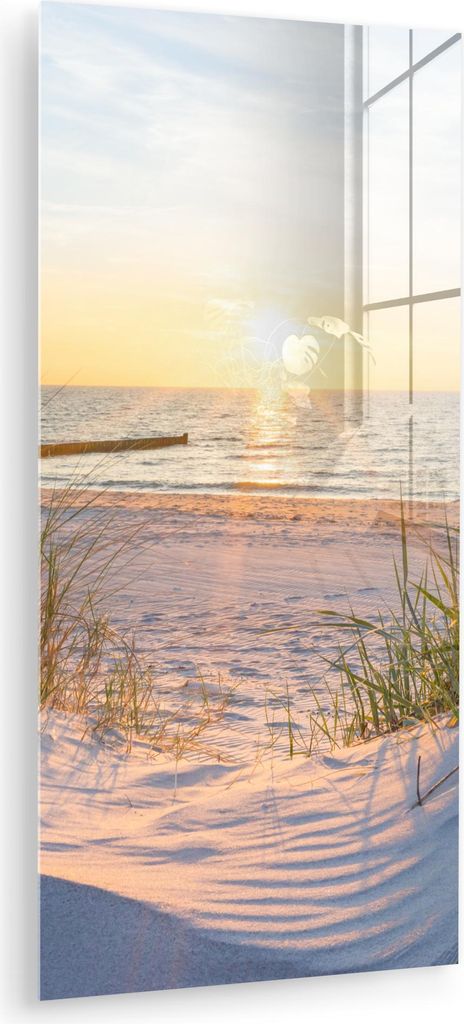 MuchoWow Glasbilder - Bilder auf Wandbild - Foto auf Glas Strand - Sonne - Düne - Gras - Sand - Horizont 40x80 cm Wanddekoration aus Glas - Acrylg...