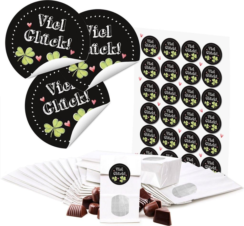 Weiße Blockbodenbeutel mit Sichtfenster + VIEL GLÜCK Aufkleber – 7 x 20,5 cmSchwarz, Weiß