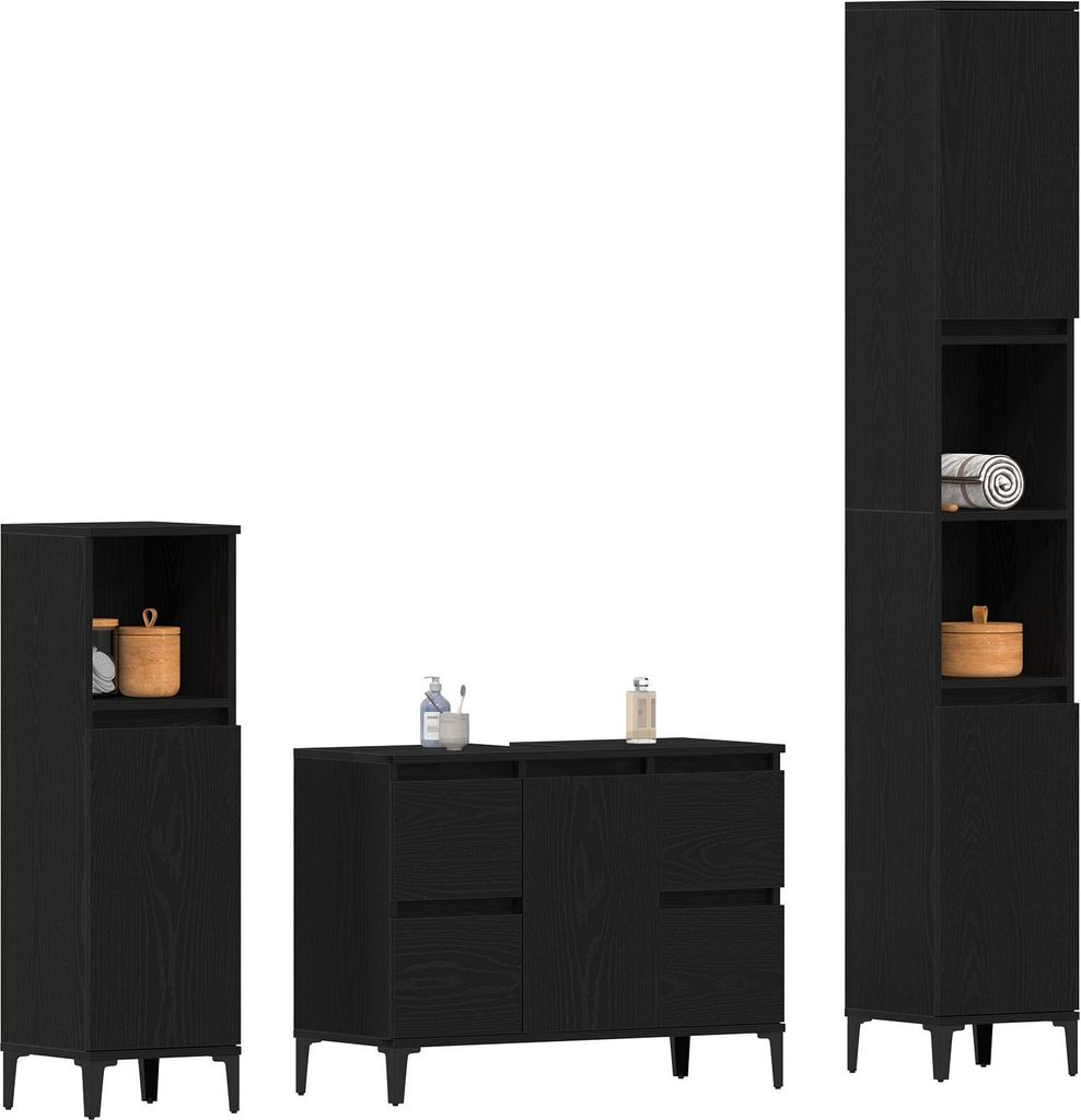 Möbel 3-teiliges Badezimmermöbel Set Schwarz Eiche Spanplatte - Badezimmer 3333091