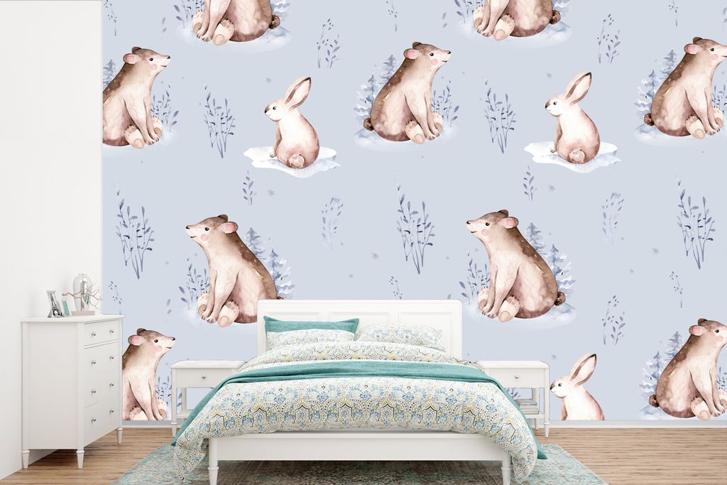 MuchoWow Fototapete für Wohnzimmer oder Schlafzimmer Wandtapete Vinyl Motivtapete Winter - Muster - Hase - Bär - 525x350 cm - Das Hintergrundbild