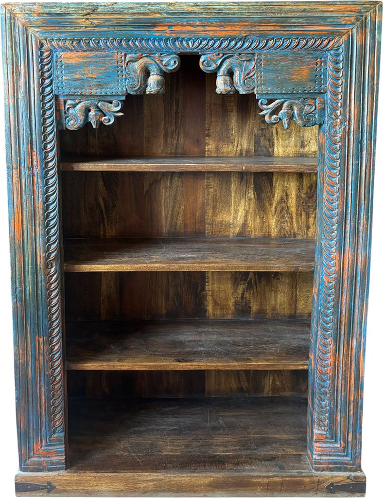 Handgeschnitztes Regal aus Teak Massivholz – 180 cm, Vintage Braun | Standregal für Wohnzimmer, Diele & Schlafzimmer | Offenes Bücherregal, Rau...