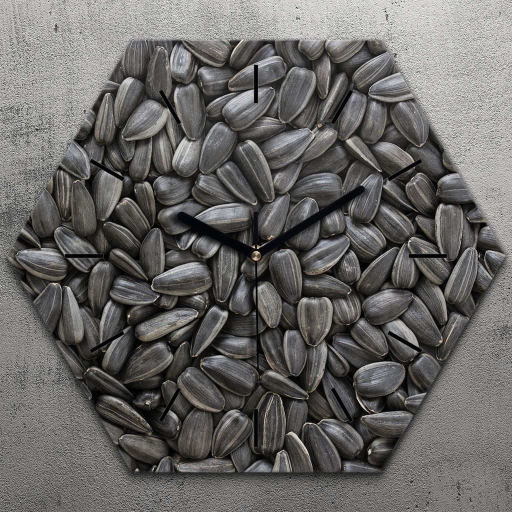 Uhr hexagonal 40 cm Glas Geräuschlos schwarze Zeiger - Schwarze Sonnenblumen kerne