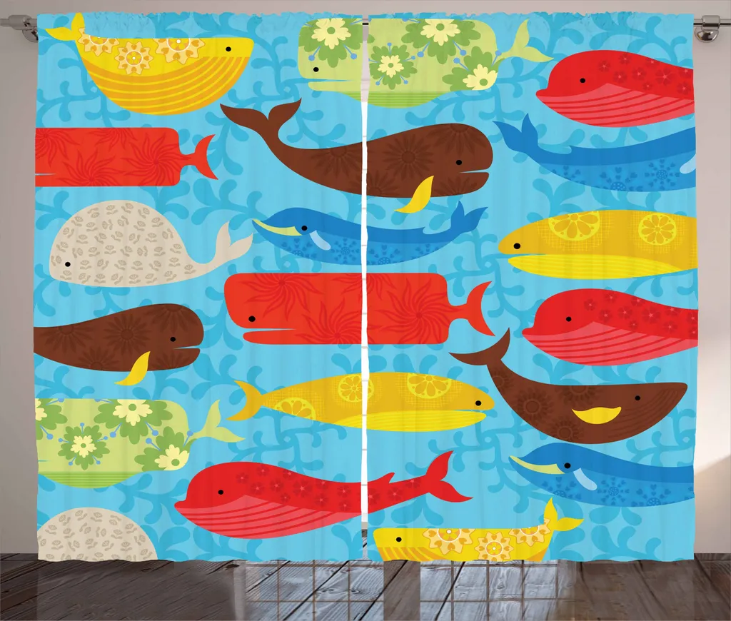 Grand rideau de décoration salon motif baleine océan 280x225 cm Prêt à poser