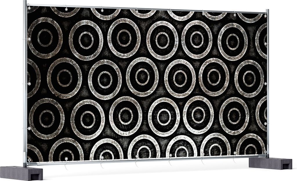 Wallario XXL Outdoor-Poster für Garten oder Balkon, Motiv Abstraktes Kreismuster in schwarz und silber, in ca. 340 x 173 cm