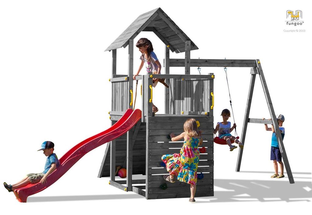 Fungoo Spielturm "Carol 3" grau mit Rutsche, Schaukel, Kletterwand, Rampe und Holzdach