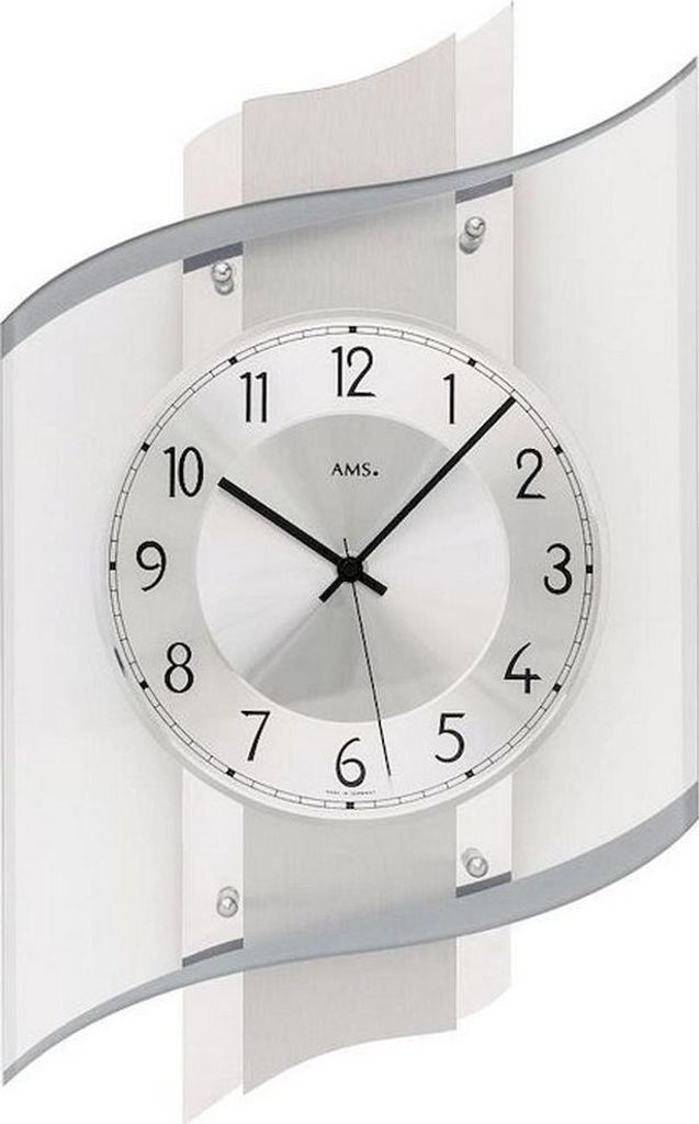 AMS 5516 Wanduhr Funk Funkwanduhr analog silbern mit Glas modern