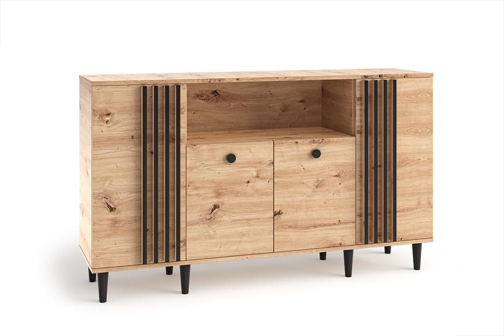 Kommode LUNA III Eiche Artisan, Moderne Anrichte mit 4 Türen und Ablagefach, Sideboard mit schwarzer Lamellenfront, Wohnzimmerschrank, schwarze F...