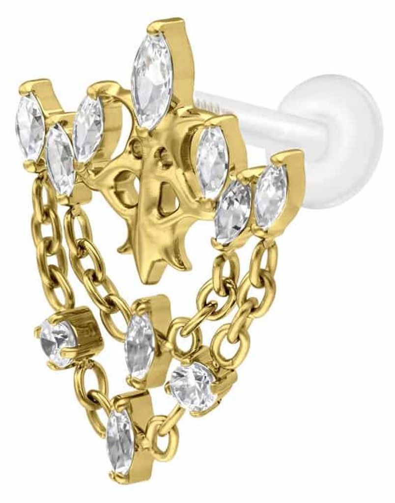 Ohrpiercing, Nasenpiercing PTFE Labret mit Innengewinde + Titan-Aufsatz GOTISCHE KRONE + KETTEN Gold Stablänge: 9mm | Stabstärke: 1,2mm