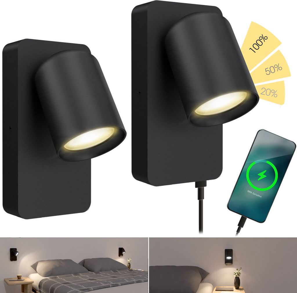 SSC-LUXon NERU Wandleuchte schwarz 2er Set - Schlafzimmer Leselampe USB mit Schalter inkl. fourSTEP Dimmen ohne Dimmer GU10 LED
