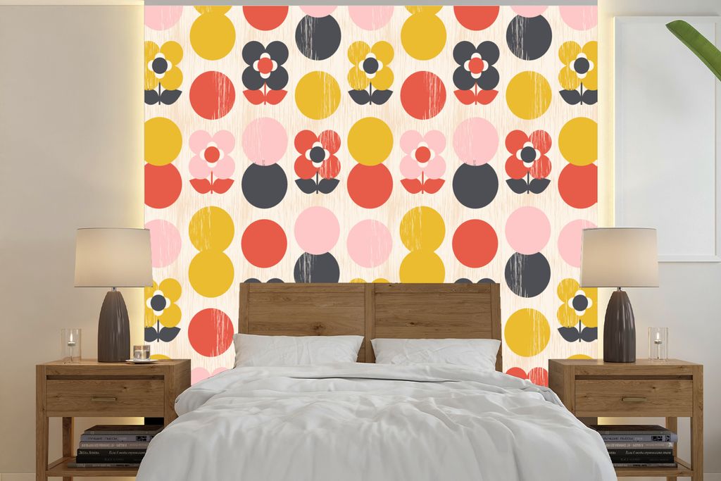 MuchoWow Fototapete für Wohnzimmer oder Schlafzimmer Wandtapete Vinyl Motivtapete Retro - Design - Blumen - Pastell - 220x220 cm - Tapeten