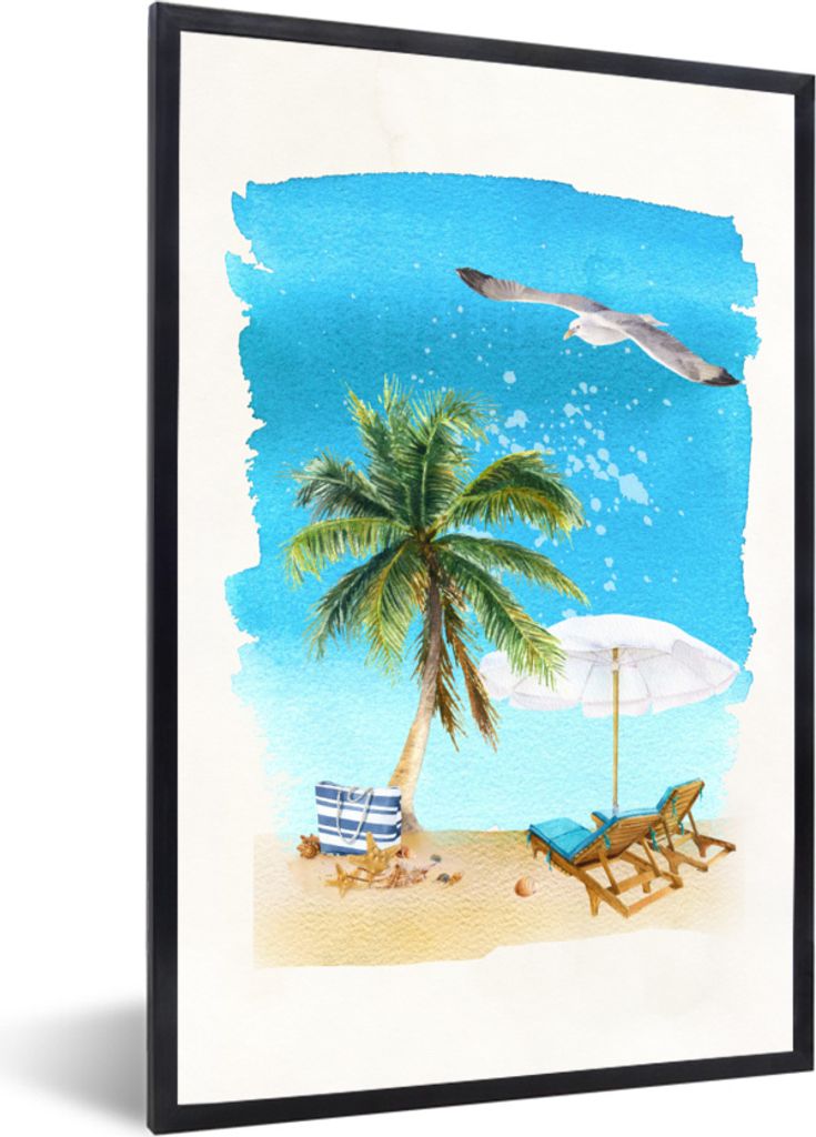 MuchoWow MuchoWow Gerahmtes Poster Strandkorb - Sonnenschirm - Palme - Himmel 60x90 cm - Poster mit zchwarzem Bilderrahmen - Kunst