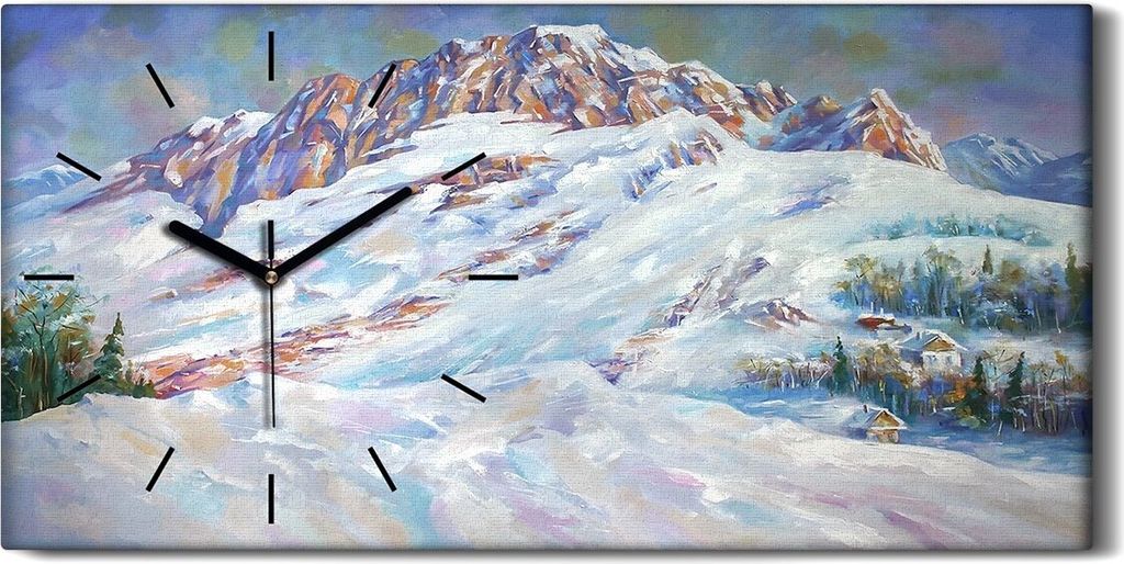 Wanduhr Bürouhr Leinwand Bild Geräuschlos 60x30 Gemälde Winter Berg Schnee - schwarze Hände