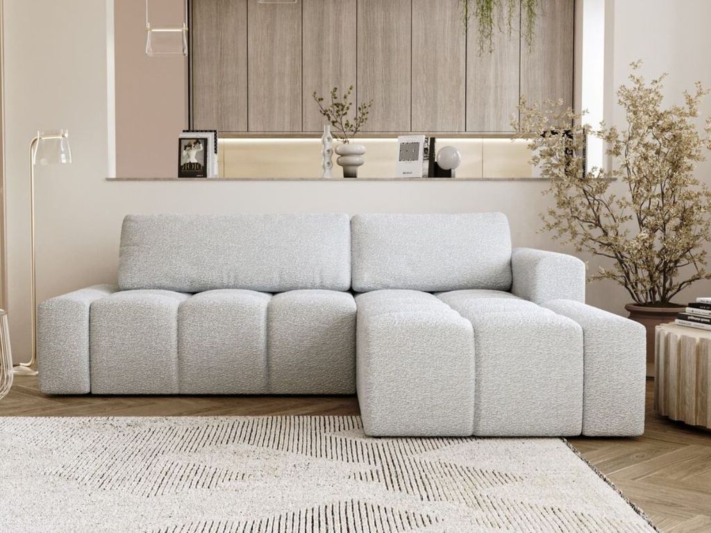 GrainGold Ecksofa L-Form Lana Rechts - Ecksofa mit Schlaffunktion, Bettkasten - Moderne Ecksofa, Wohnzimmer Sofa - Eckcouch Weiß (Coral 70)