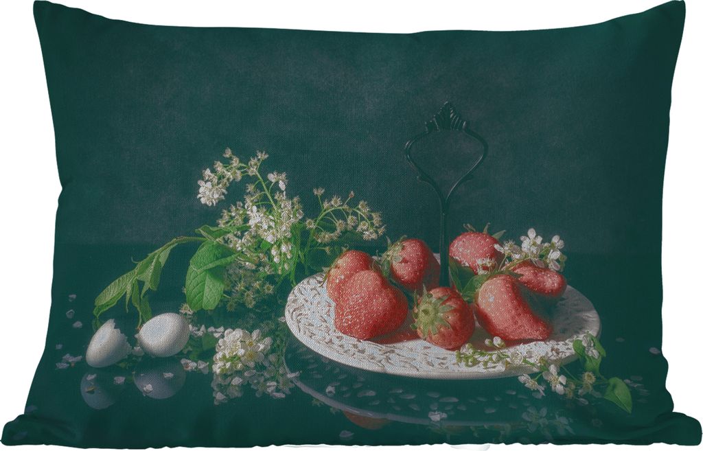 MuchoWow Outdoor Kissen - Erdbeeren - Malerei - Stillleben - Blumen - Ei - Teller - 50x30 cm - Wetterfest - Lounge Kissen - Sofa kissen - Wohnzim...