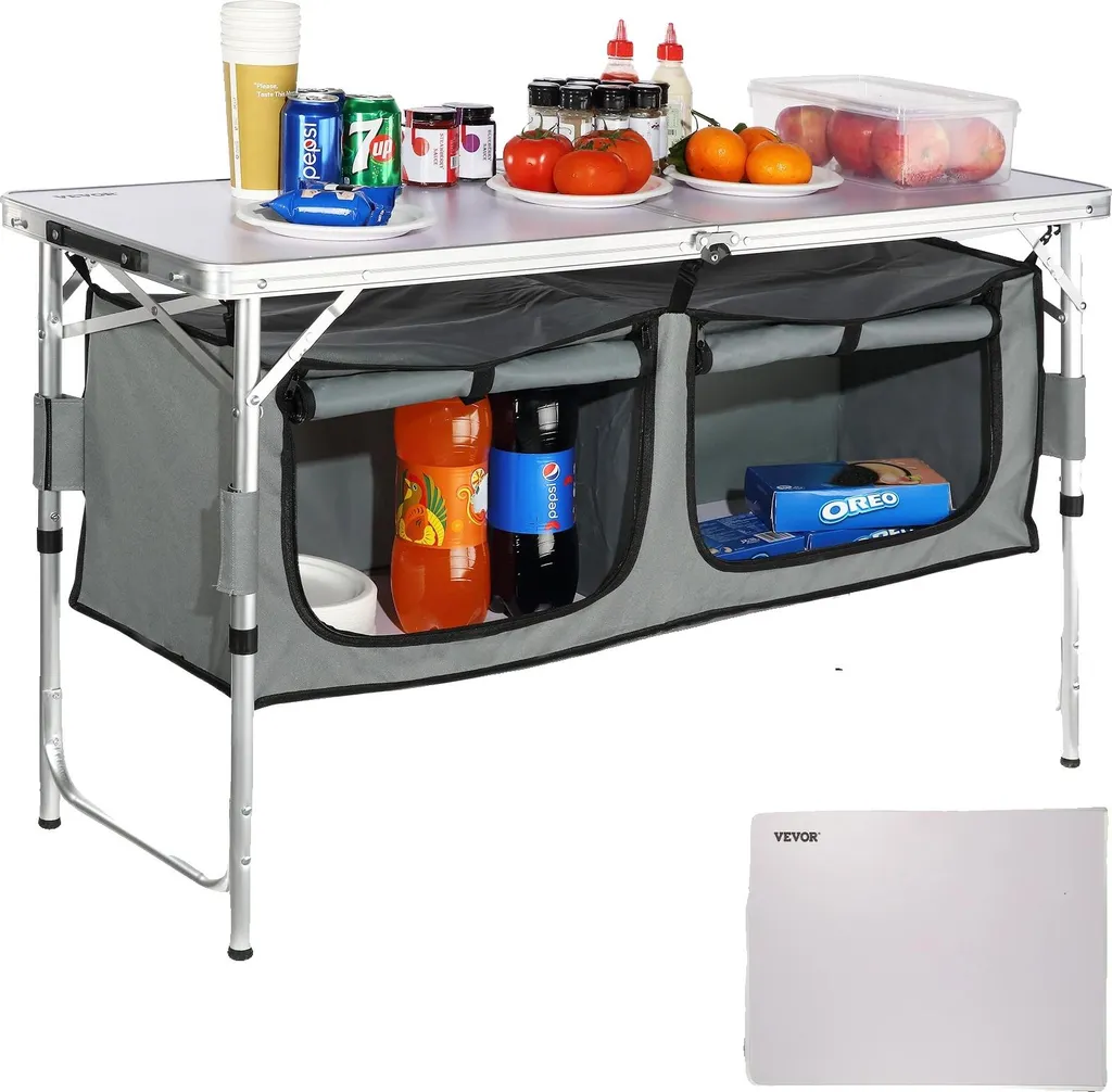 Table de cuisine camping stable en MDF avec hauteur modulable et rangement