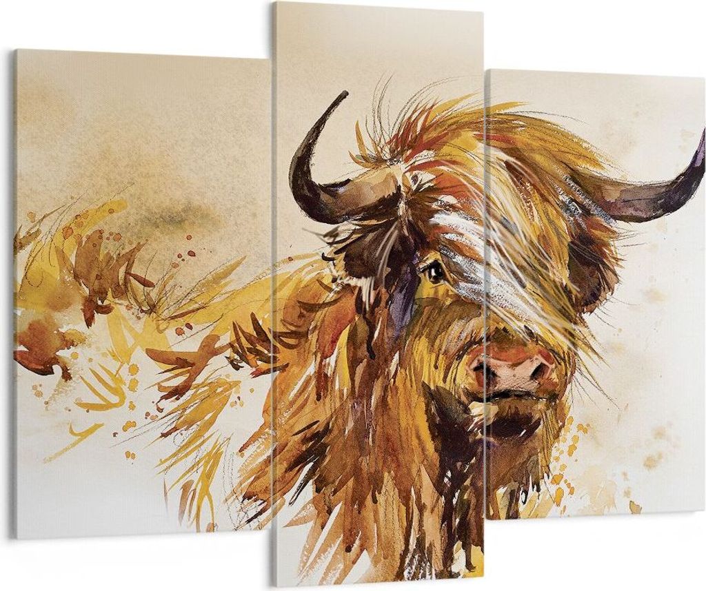 Bild auf Leinwand - Leinwandbild - 3 Teile - Stier Scotch Aquarell - 130x100cm - Wand Bild - Wanddeko - Wandbilder - Leinwanddruck - Bilder - Wandd...