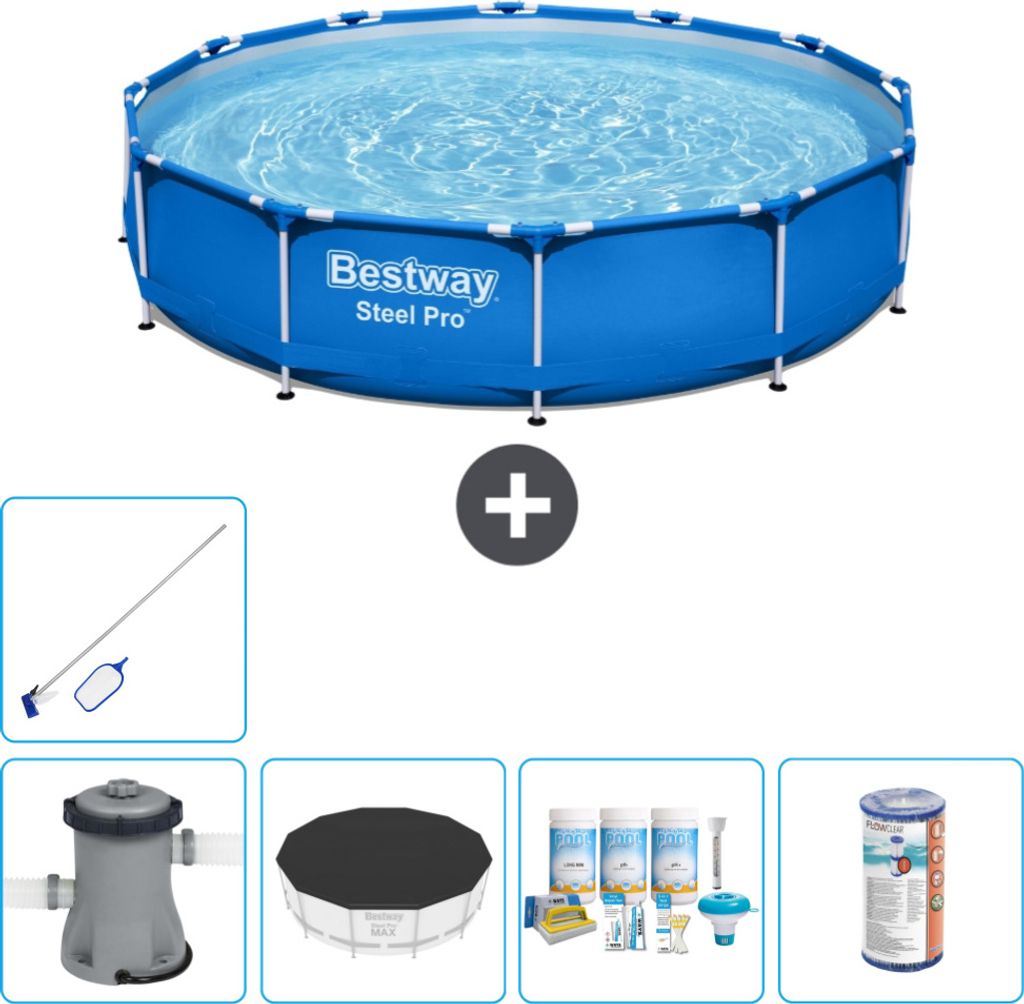 Bestway Round Steel Pro Swimmingpool – 366 x 76 cm – Blau – inklusive Pumpe Abdeckung - Wartungspaket - Filter - Reinigungskit