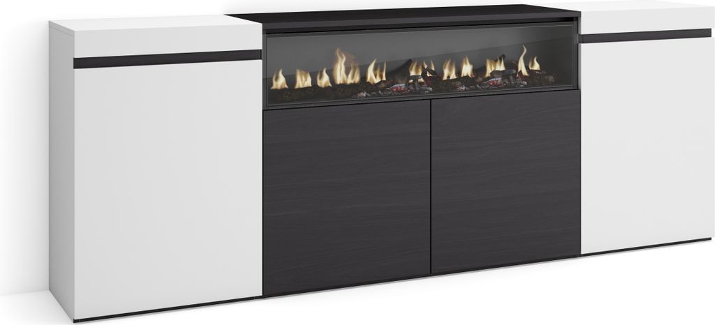 Sideboard, Highboard, 200x35x75cm, 4 Türen, Elektrokamin., Weiß und Schwarz