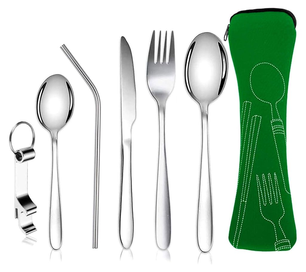 6-teiliges tragbares Campingbesteckset aus 304 Edelstahl, Essbesteck mit Messer, Gabel, Löffel, Flaschenöffner, Strohhalm und Bestecktasche für ...